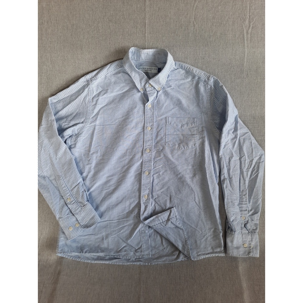 Peter Manning Men 4 Stripe Knit Button Down Shirt Long Sleeve Pocket Pure Cotton